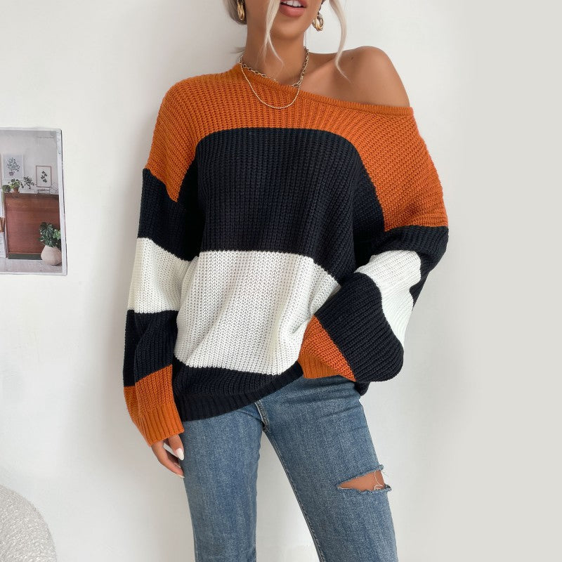 Autumn New European And American Women's Clothing Striped Contrast Color Knitwear Round Neck Loose Sweater