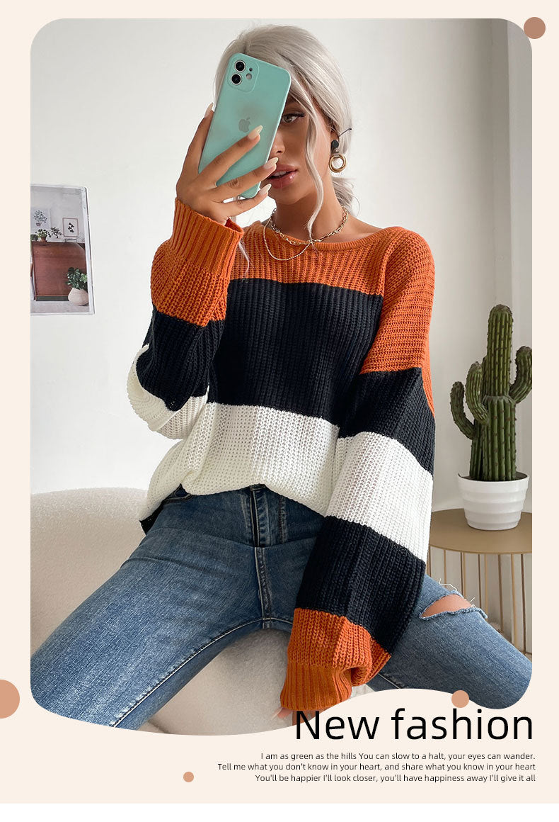 Autumn New European And American Women's Clothing Striped Contrast Color Knitwear Round Neck Loose Sweater