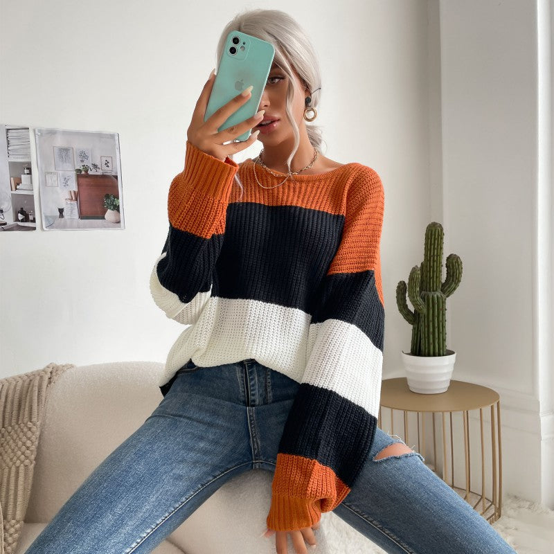 Autumn New European And American Women's Clothing Striped Contrast Color Knitwear Round Neck Loose Sweater